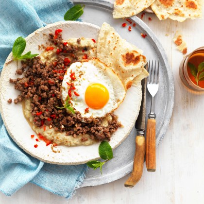 Lebanese Spiced Lamb, Baba Ghanoush and Fried Eggs